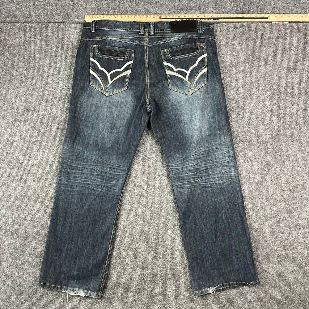 Lamasini Jeans Mens Size 40x30 Blue Straight Leg Distressed Whiskered‎ Denim